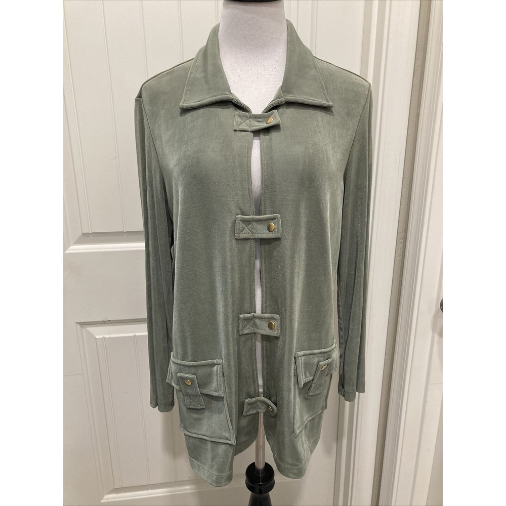 Stylish NWT Green Slinky Brand Jacket Cardigan Snap Closure SZ L Pockets Cute